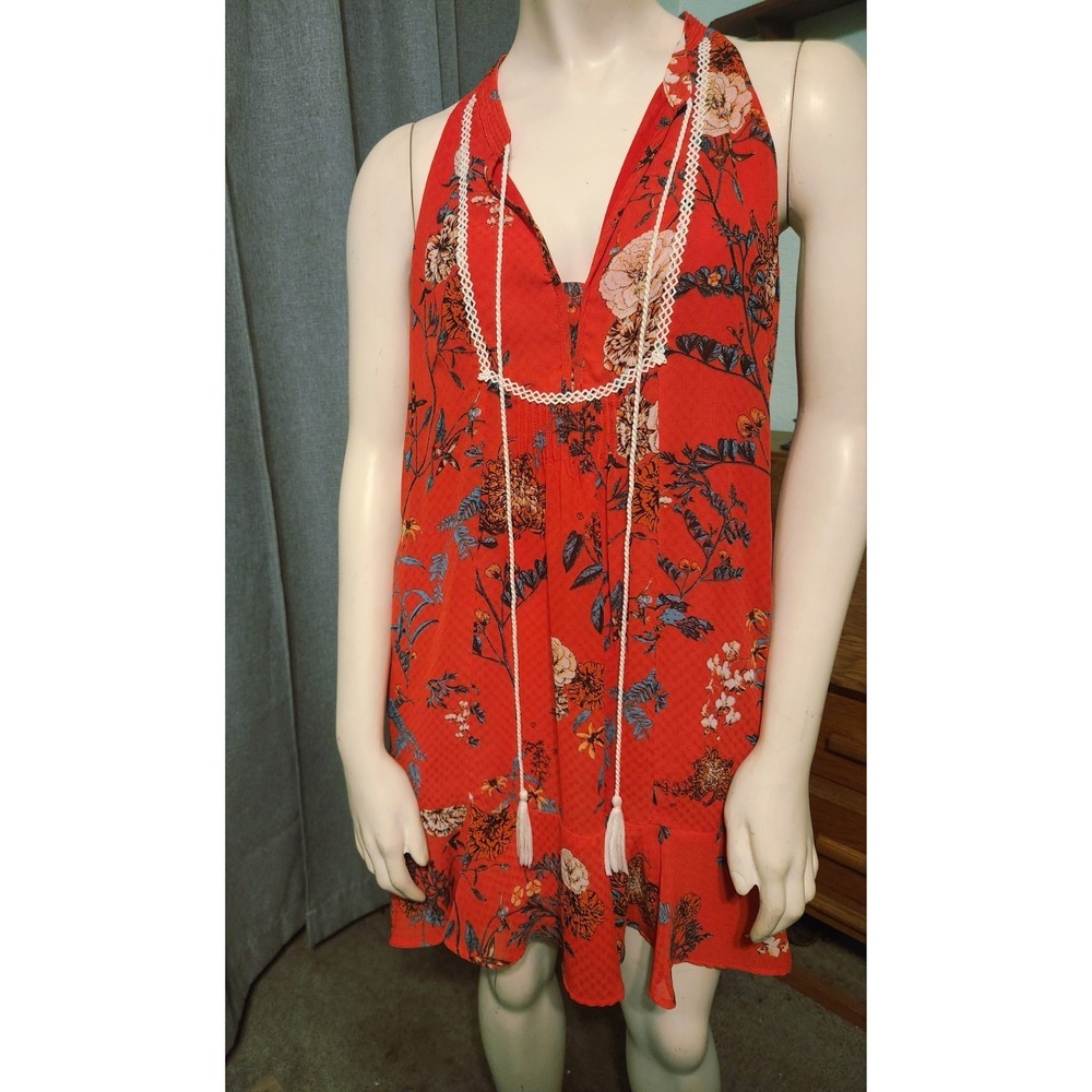 Miss Me Fairy Whimsy Red Floral Sleeveless Ruffled Mini Dress Flowy Lined SZ M - Picture 4 of 9